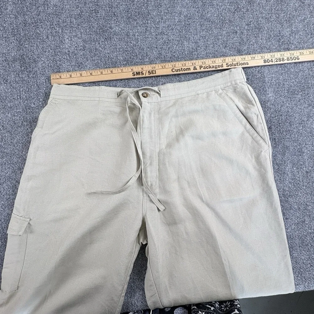 John Henry Pants Men XL 40-42 Beige Linen Blend Cargo Relaxed Coastal Minimalist